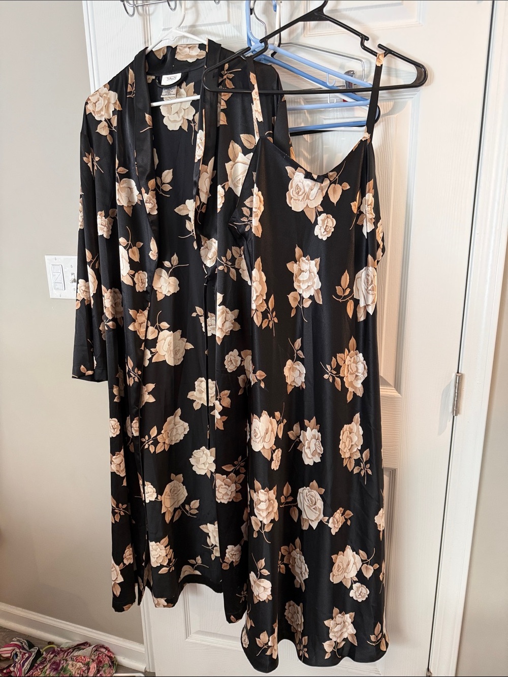 Talbots Black Maxi Slip Dress and Matching Robe with Cream Floral Print